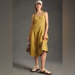 Anthropologie Pilcro Cross-Back Apron Pleated Dress Gold Woman's Size 00